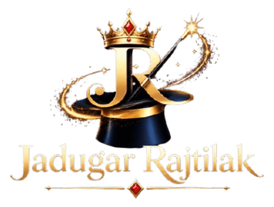 Jadugar Rajtilak — official logo: golden JR monogram crowned with rubies above a magician's top hat and wand